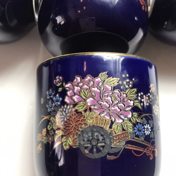 Vintage KUTANI JAPANESE TEA SET Cobalt Blue Porcelain Flower Cart Gold Leaf Trim - Picture 12 of 15